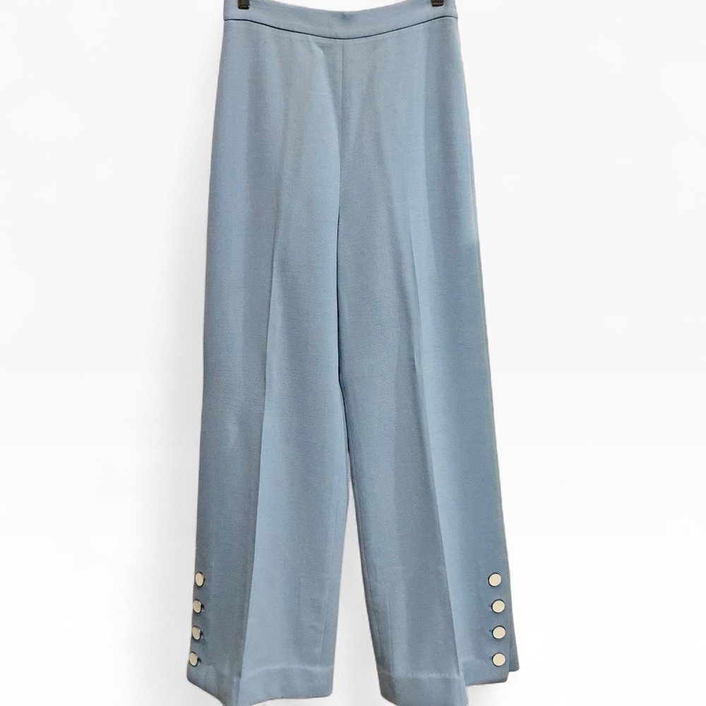 Lela Rose Fluid Crepe Wide Leg Trouser Light Blue Button Hem Wool Blend 8 / M